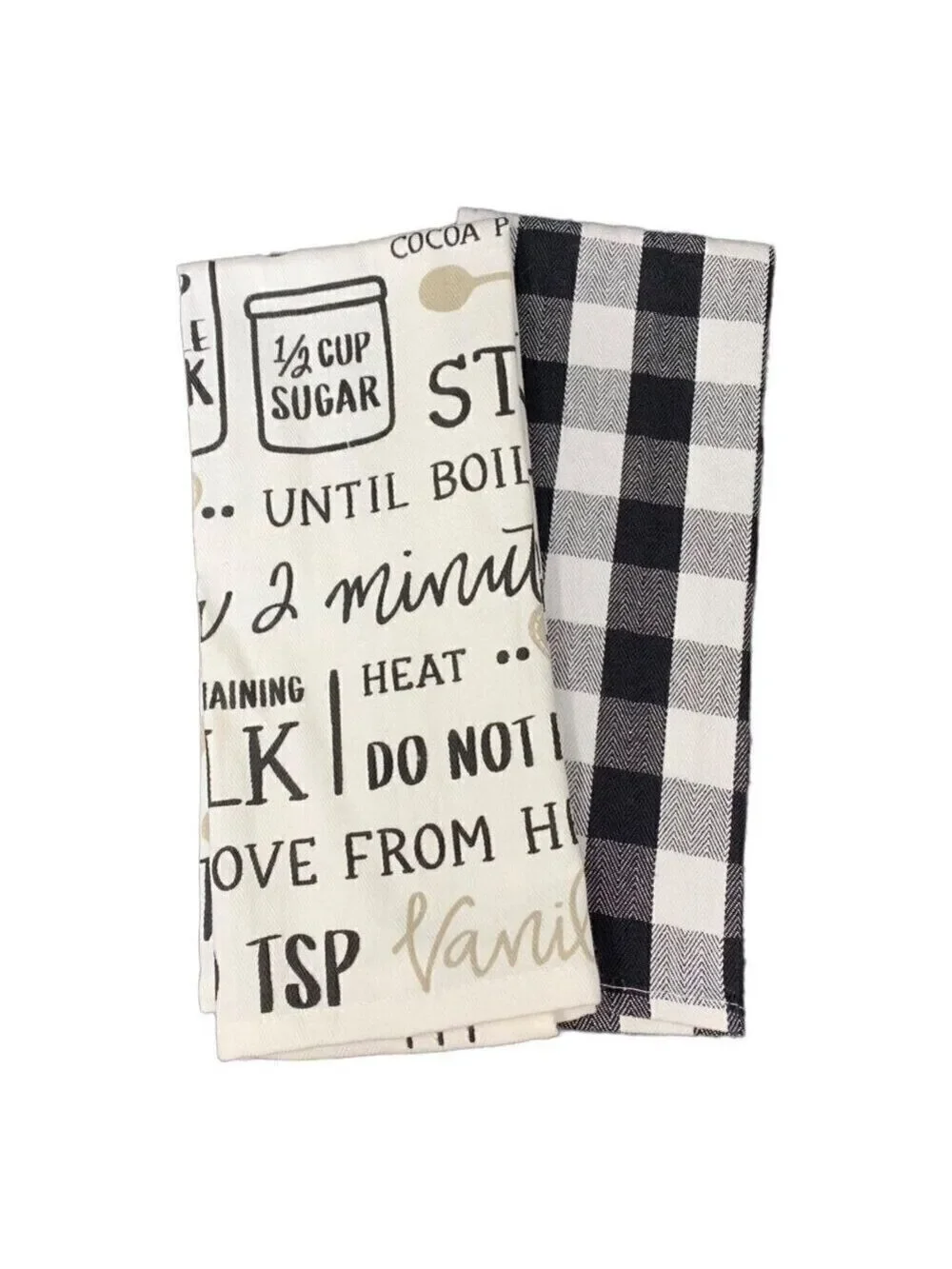 Hot Cocoa Marshmallow Kitchen Tea Towels Cotton Set Buffalo Check Black White
